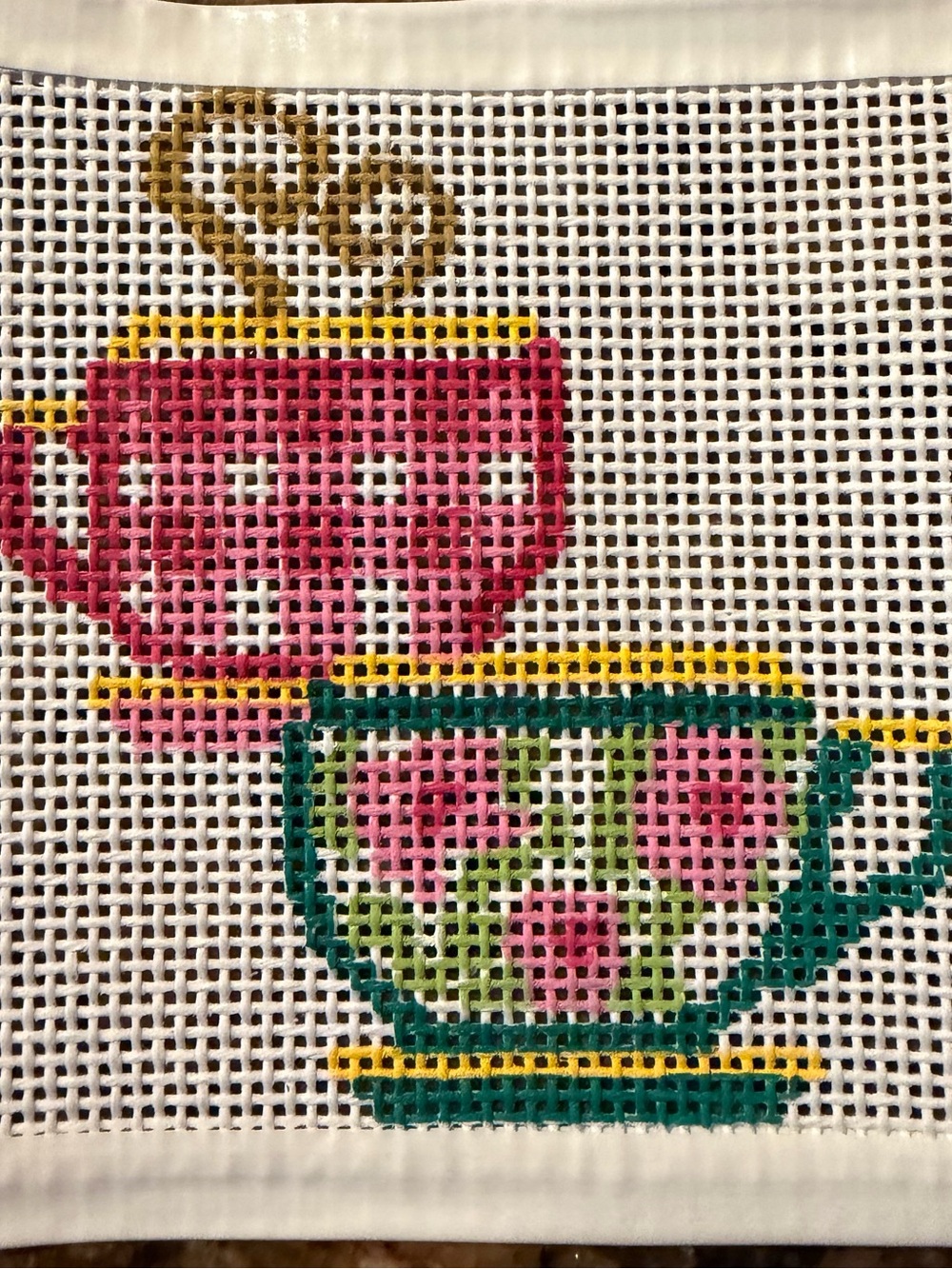 Pink and Green Teacup Needlepoint Canvas by Victoria